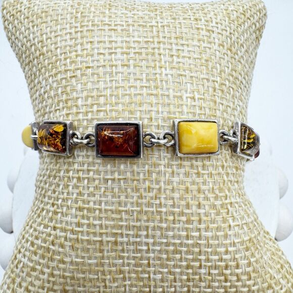 Bezel Set Amber Sterling Silver Link Bracelet Baltic Butter Cognac Honey Amber - Picture 12 of 13
